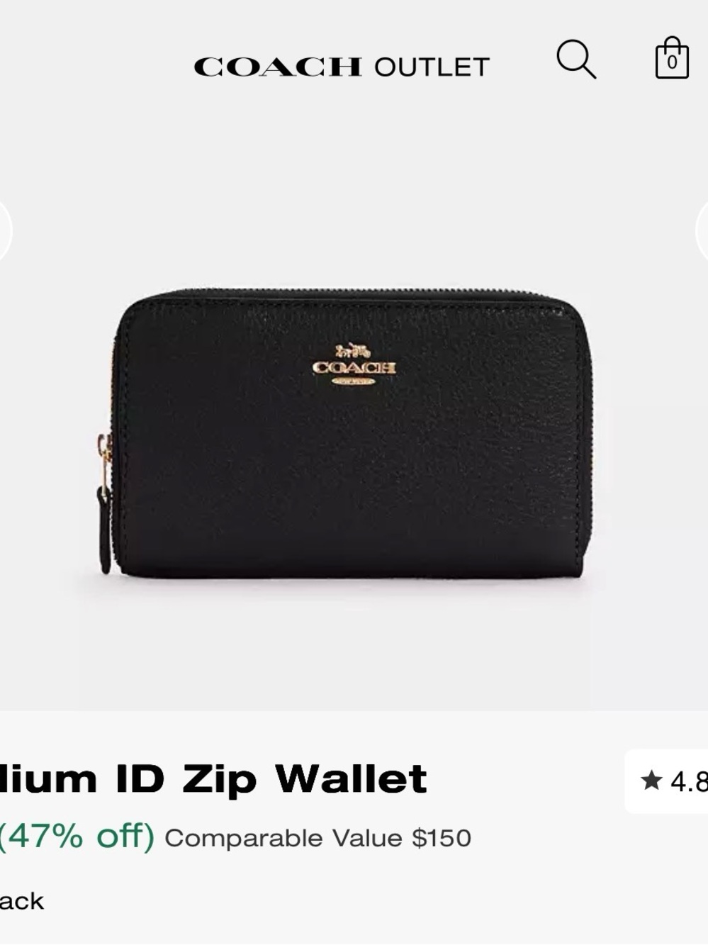 Coach Black Leather Zip ID Card Holder with Gold Hardware